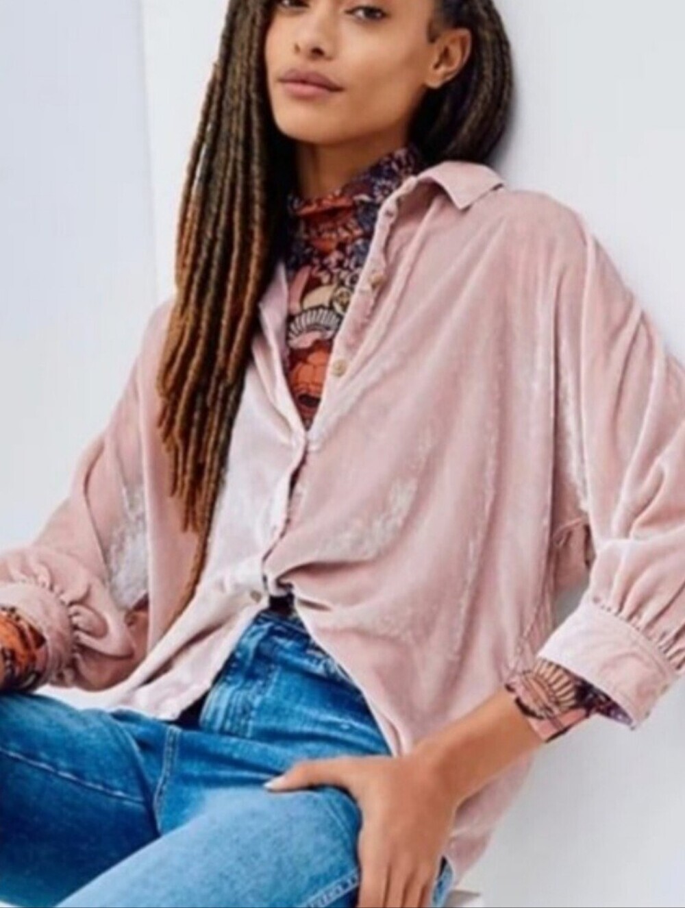 ANTHRO Pilcro Velvet Button-front Shirt Sz Small Dusty Rose Oversized Fit